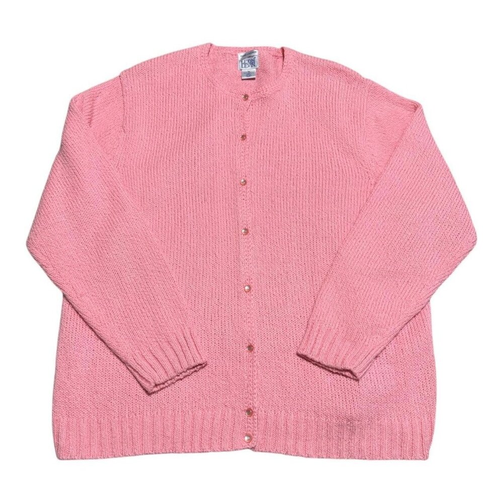 Vintage‎ 90s Leon Levin Pink Acrylic Hand Loomed Cardigan Sweater Women’s 1X